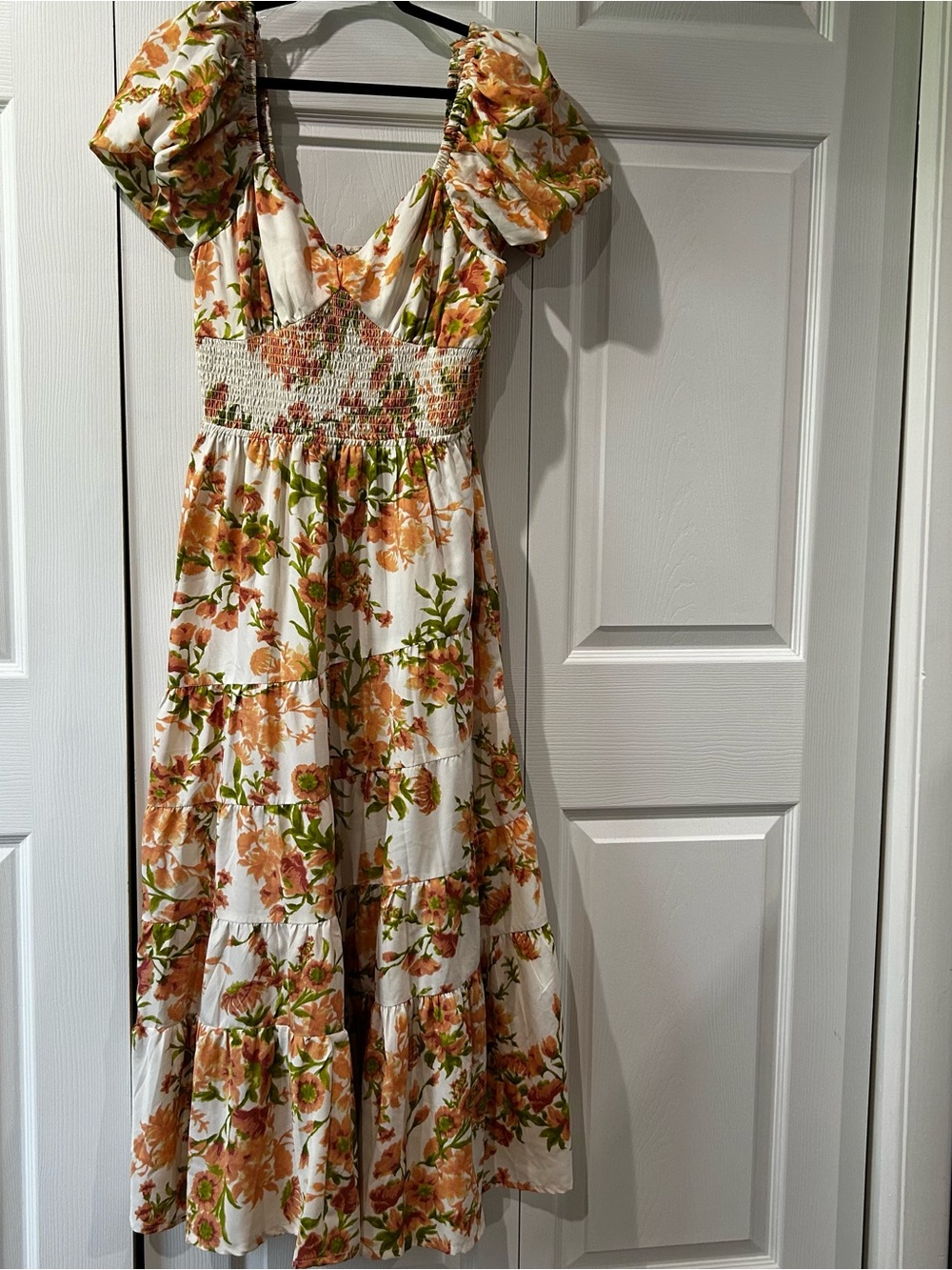 Girl Soul Floral Puff Sleeve Midi Dress in White and Orange